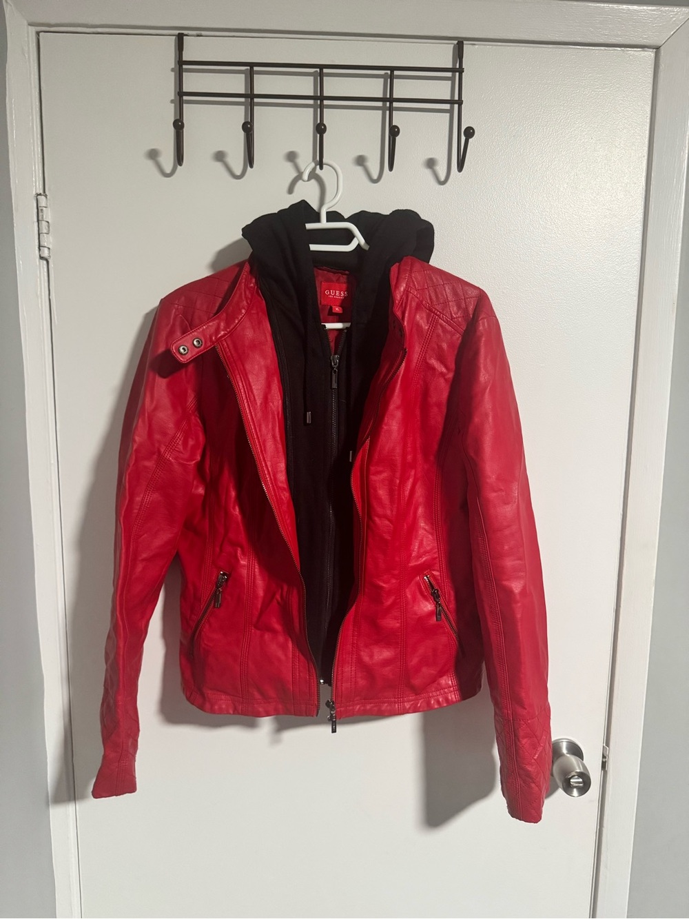 GUESS Red Faux Leather Moto Jacket with Black Hoodie Insert